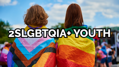 Text "2SLGBTQIA+ Youth" over two youth with their back to the camera, one with a intersex progress pride flag as a cape, the other with a gay pride flag