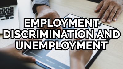 Text "employment discrimination and unemployment" over people going over a form 