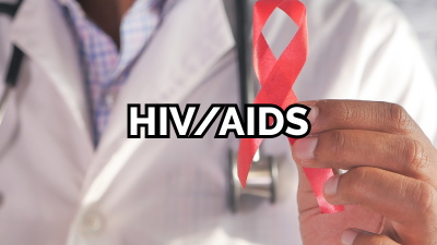 Text "hiv/aids" over a doctor holding up a red HIV awareness ribbon
