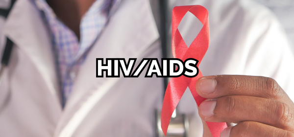 Text "HIV/AIDS" over a doctor holding up a red HIV/AIDs awareness ribbon