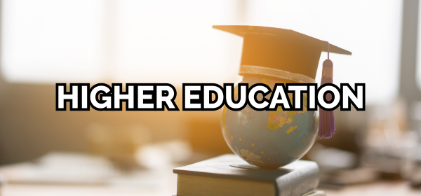 Text "Higher education" over image of a globe on top of a book, with a graduation cap on top of the globe.