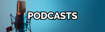 Text "Podcasts" over blue background with a podcast microphone
