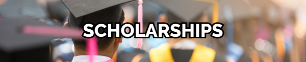 Text "Scholarships" over students with graduation caps and robes turned away from the camera