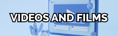 Text "videos and films" over a computer with a play logo on it