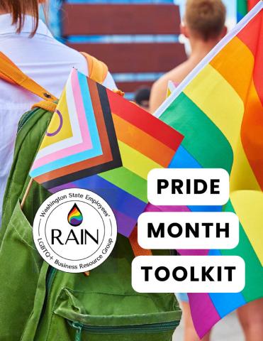 "Pride Month Toolkit" in black letters over white text bubbles, in front of a person wearing a backpack with rainbow flags. The white RAIN logo with black lettering is in the lower lefthand quadrant.