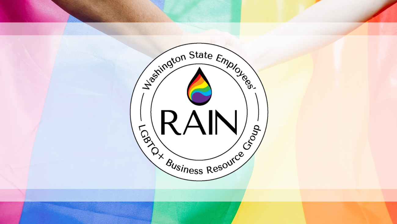 Two people shaking hands with a pride flag in the background. rain business resource group logo over picture