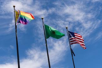 Picture of the intersex-inclusive progress flag, the Washington state flag, and the flag of the United States against a blue sky.