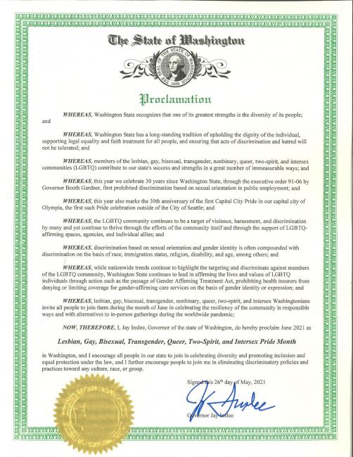 Governor Inslee Signs LGBTQ Pride Month Proclamation 2021 Washington