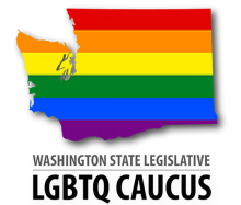 Washington state map in LGBTQ rainbow colors and the words Washington State Legislative LGBTQ Caucus under it