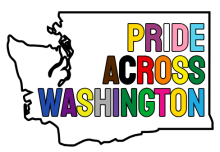 Pride Across Washington logo, rainbow text over outline of WA state
